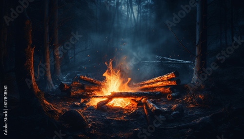 Glowing bonfire burns wood, grilling meat for a picnic meal generated by AI
