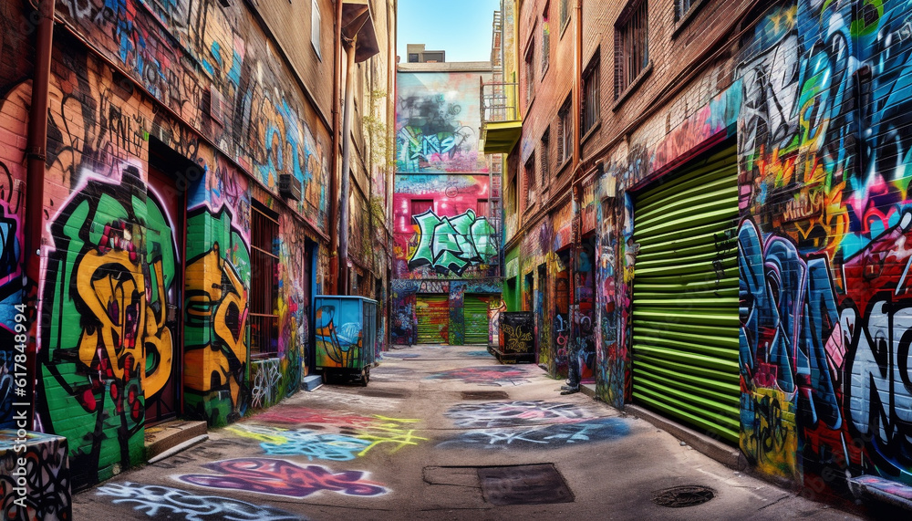 Multi colored graffiti mural illuminates old building facade in vibrant cityscape generated by AI
