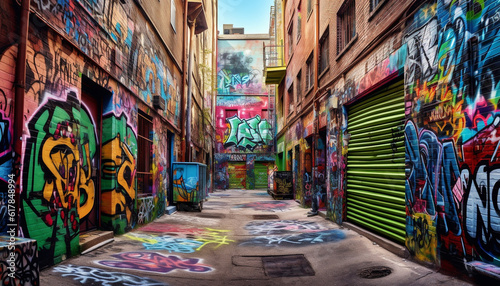 Multi colored graffiti mural illuminates old building facade in vibrant cityscape generated by AI
