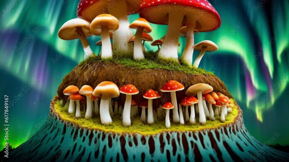 Amanita muscaria mountain Aurora borealis mycellium roots cave, a.i. generated