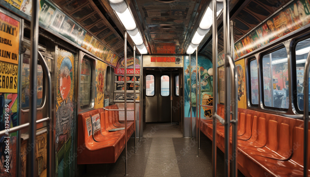Inside the illuminated subway train, traveling through the city underground generated by AI