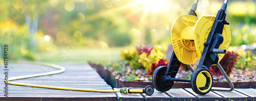 Sunny garden with flowers and garden tools. Natural background in bright sunbeams with highlights and bokeh effects