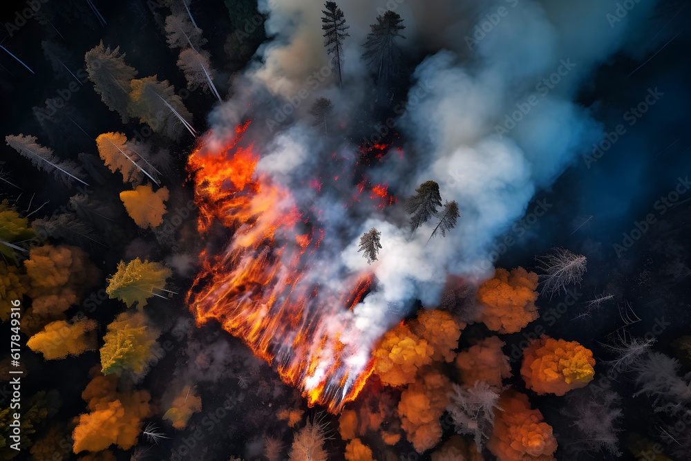 Forest fire, aerial shot. Open fire and smoke above the trees. Generative AI