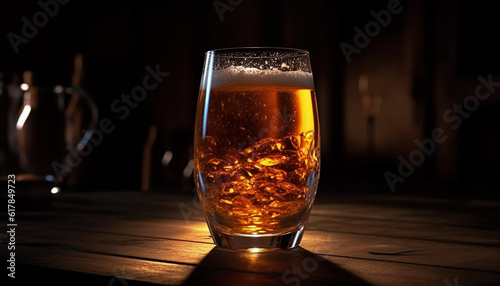 Wooden bar counter reflects frothy whiskey pint glass in darkness generated by AI