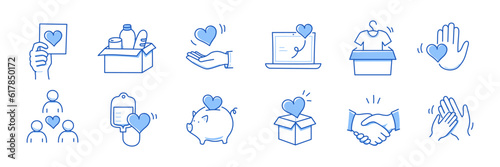 Charity hand, money, care heart doodle line icon. Charity donate, support, blood donor concept icon set. Volunteer heart, donate food hand drawn doodle sketch style line. Vector illustration