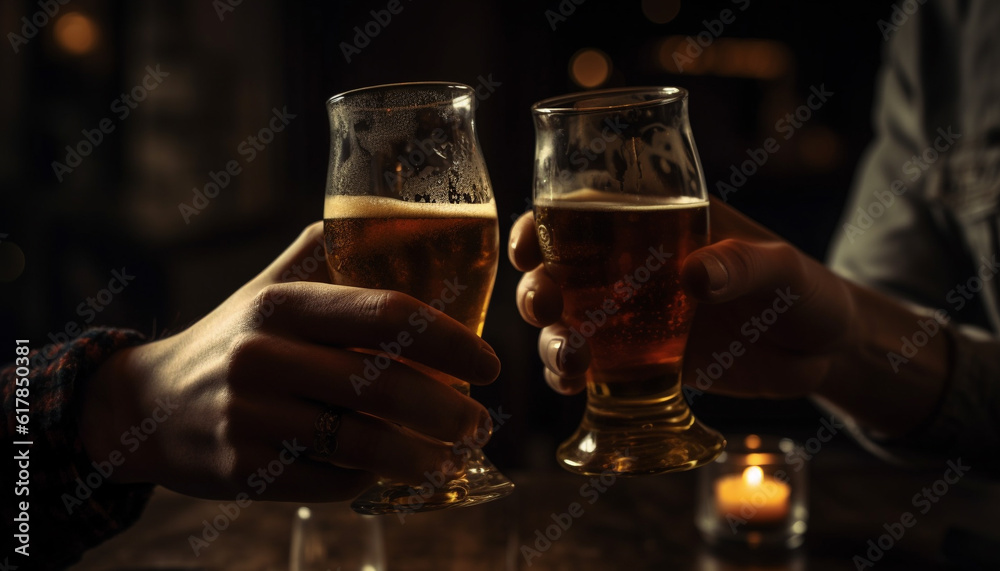 Men and women holding beer glasses in a pub at night generated by AI