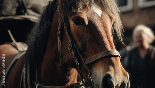Bay horse on farm, close up portrait of stallion majestic beauty generated by AI © Jemastock