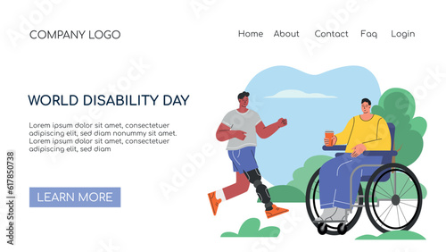 Landing page or web banner concept for World Disabled day. People with Disability, International Day of Persons with Disabilities.Diversity and Inclusion. Flat vector illustration. Vector illustration