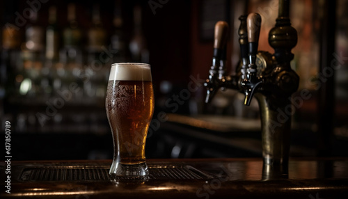 Frothy craft beer poured from tap, refreshing nightlife relaxation generated by AI