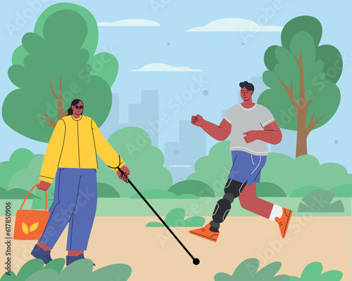 World disabled day. International Day of Persons with Disabilities. A blind woman with a cane is walking, a man with a prosthetic is running in the park. Flat character Vector illustration. Vector