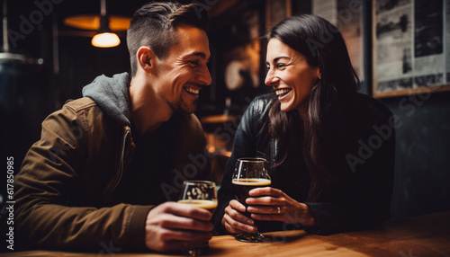 Smiling young adults enjoy drinks at cheerful bar together generated by AI