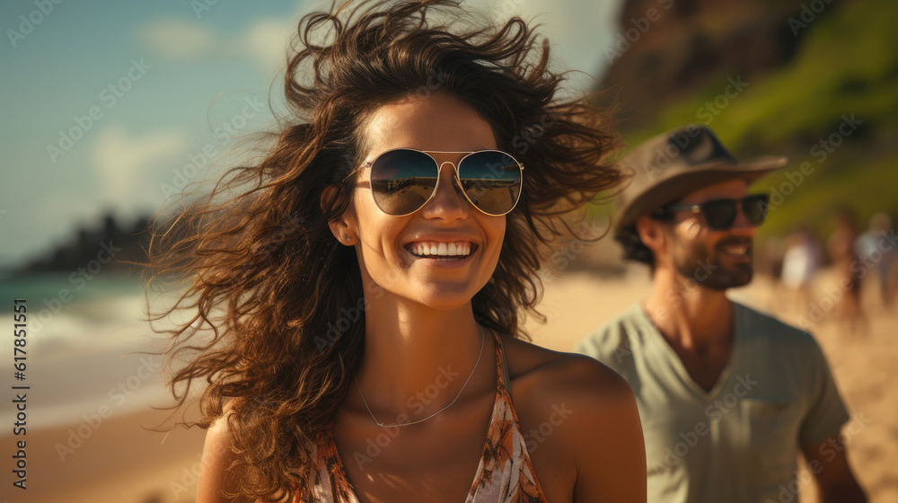 Blissful woman with sunglasses on a beach vacation. Generative AI Blissful woman with sunglasses on a beach vacation. Generative AI