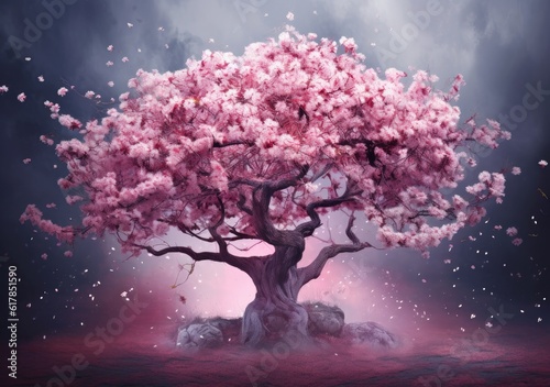 Pink Petals Dance: The Graceful Elegance of a Cherry Blossom Tree. Digital Illustration. Generative ai. © Gogi