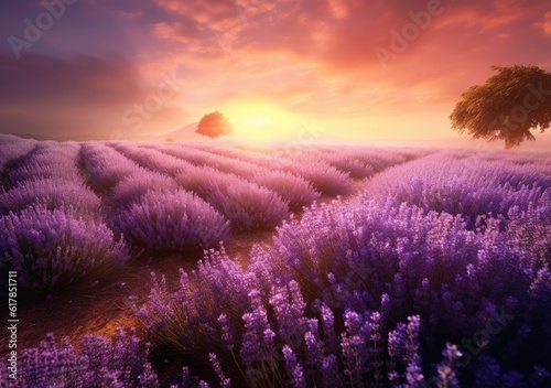 Lavender Dreams  A Serene Field of Purple Blossoms. Digital Illustration. Generative ai.