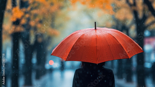 woman with umbrella and rain in autumn