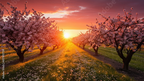 cherry trees and blossoms on field at sunset