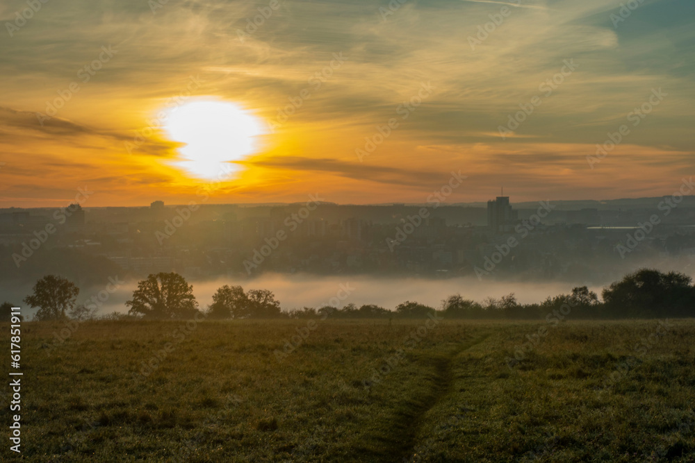 autumn foggy sunrise on Smichov hill autumn foggy sunrise on Smichov hill