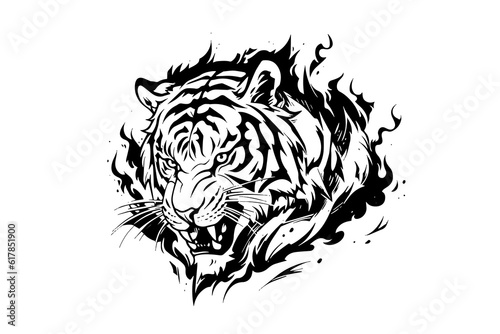 Tiger mascot sport or tattoo design. Black and white vector illustration logotype sign art