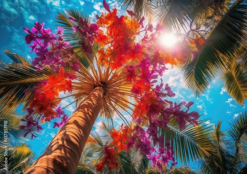 Tropical Delight: A Palm Tree Awash with Vibrant Floral Beauty. Digital Illustration. Generative ai. © Gogi