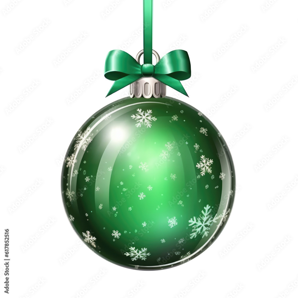 glass green Christmas ball with bow on white background. Generative AI glass green Christmas ball with bow on white background. Generative AI