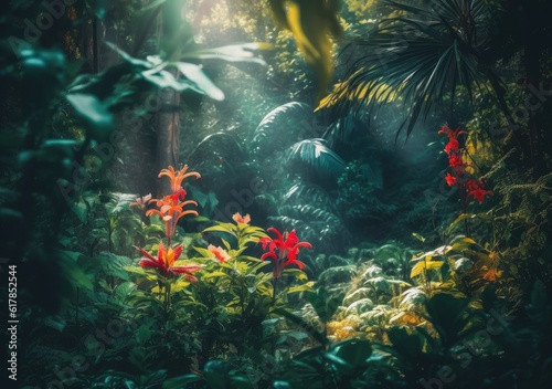 Tropical Paradise Blooms. Digital Illustration. Generative ai.