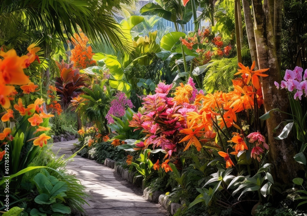 Tropical Treasures: Discovering the Caribbean Garden Blossom. Digital Illustration. Generative ai.