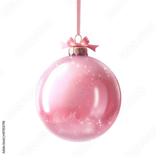 glass pink Christmas ball with bow on white background. Generative AI