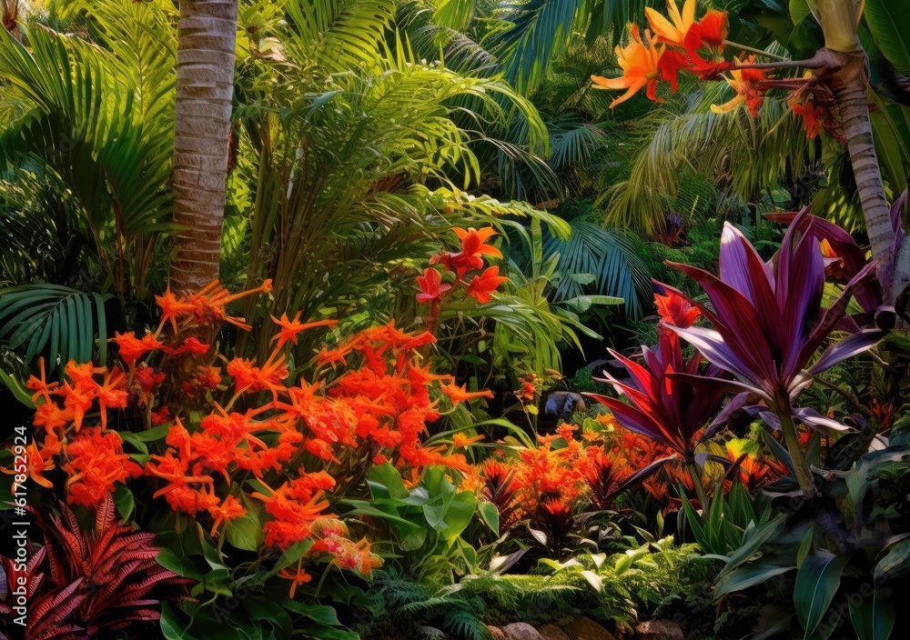 Caribbean Flora Delight: A Garden Blossom Spectacle. Digital Illustration. Generative ai.