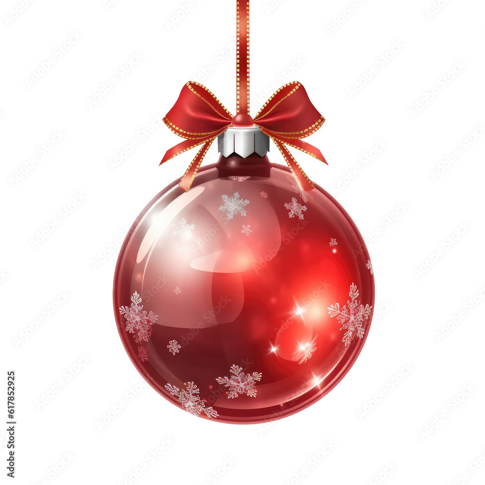 glass red Christmas ball with bow on white background. Generative AI glass red Christmas ball with bow on white background. Generative AI