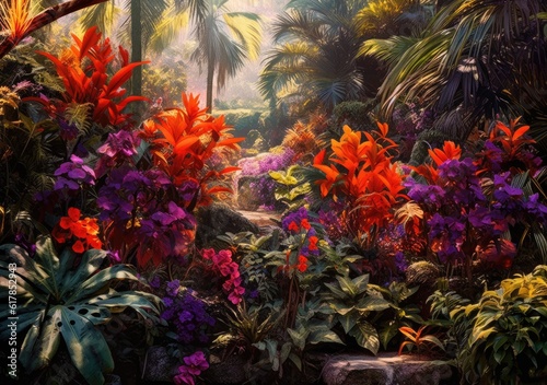 Caribbean Flora Delight  A Garden Blossom Spectacle. Digital Illustration. Generative ai.