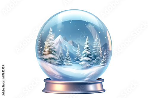 Crystal ball, snowball with snowy Christmas tree in white background. Generative AI © premyuda
