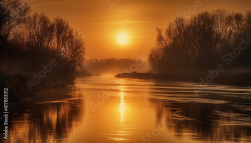 Golden horizon reflects tranquil beauty in nature autumn landscape generated by AI
