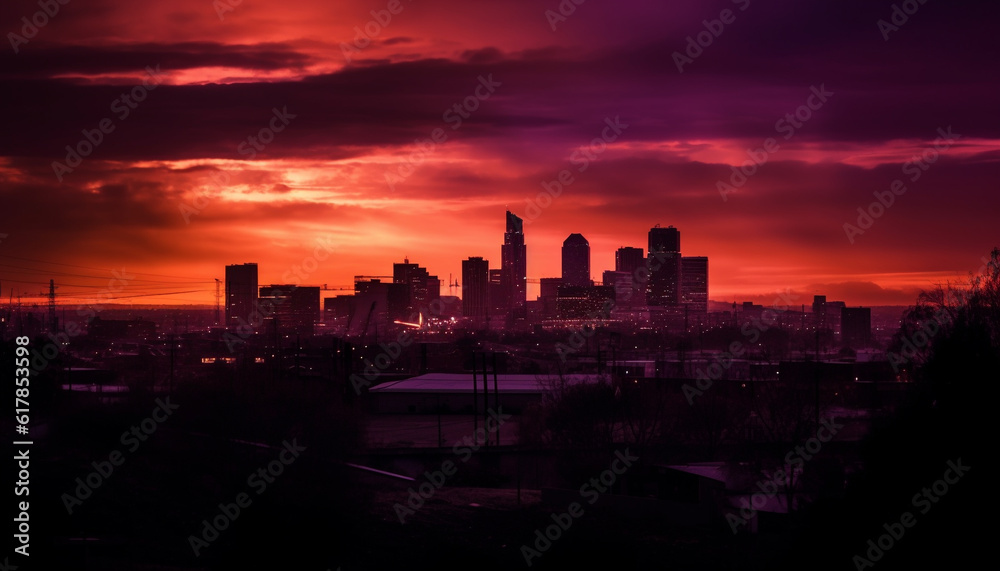 Silhouette of urban skyline at dusk, back lit by sunset generated by AI