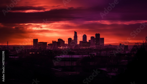 Silhouette of urban skyline at dusk, back lit by sunset generated by AI © Jemastock