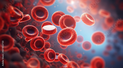 3D illustration of human red blood cell flowing in blood vessels. Macro view. Generative Ai.