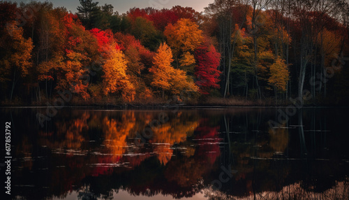 Tranquil autumn forest reflects vibrant colors of nature beauty generated by AI