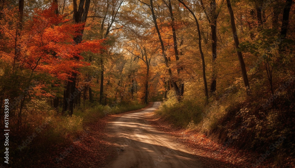 Vibrant autumn colors on tranquil rural journey through forest wilderness generated by AI