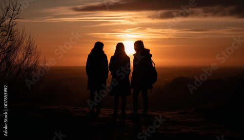 Silhouette of family embracing in back lit sunset outdoors generated by AI
