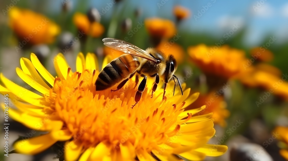 Honey bee and beautiful yellow flower, spring summer season, Wild nature landscape, banner Honey bee and beautiful yellow flower, spring summer season, Wild nature landscape, banner