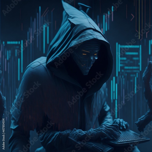 hooded hacker working on a laptop, virtual, code, malware, robbery, security system, laptop, phishing, spam, criminal, spy, protection, stealing, software, programmer, illegal, privacy, online, hack