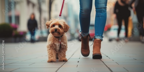 Dog walker strides with his pet on leash while walking at street pavement, generative ai