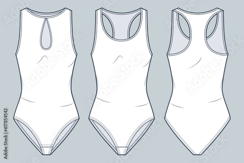 Set of Bodysuits technical fashion illustration. One-Piece Swimsuit, Underwear fashion flat technical drawing template, front and back view, white color, women, men, unisex sportswear CAD mockup.