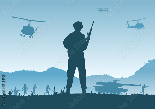 Background of war in situation of soldier standing and hold gun to defend army base