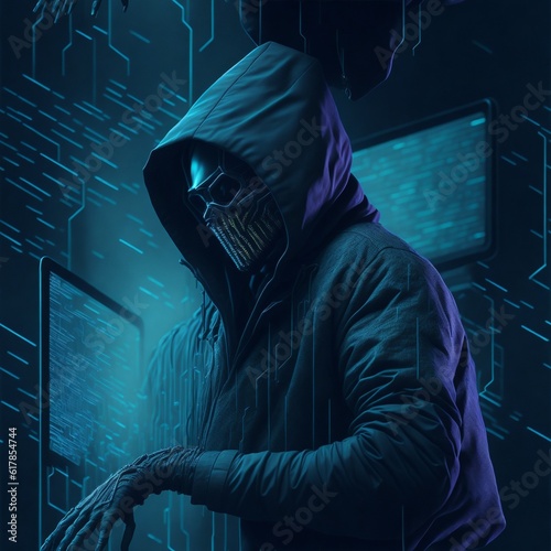 hooded hacker working on a laptop, virtual, code, malware, robbery, security system, laptop, phishing, spam, criminal, spy, protection, stealing, software, programmer, illegal, privacy, online, hack