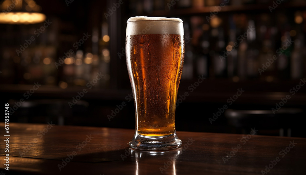 Frothy beer glass on dark bar counter, gold liquid pouring generated by AI