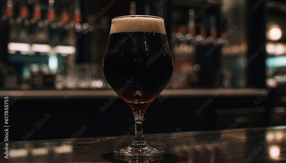 Nightlife celebration bar counter elegance, frothy beer glass pouring generated by AI