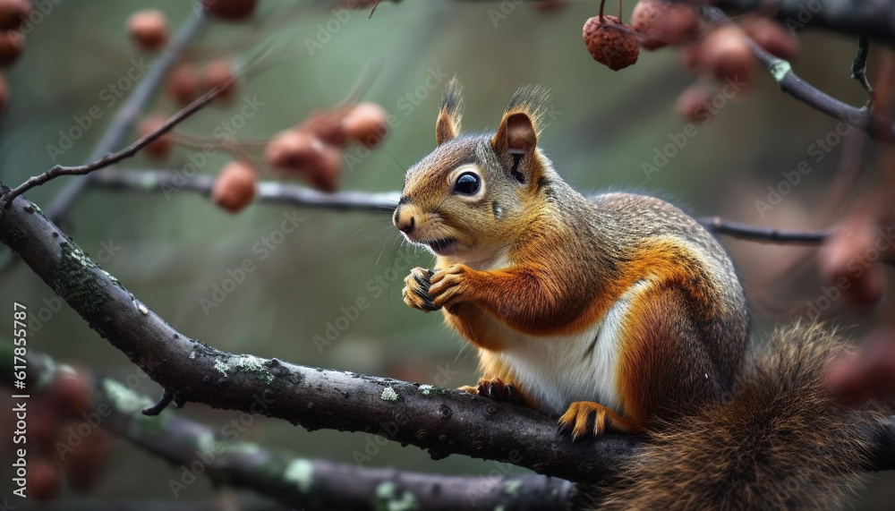 Fluffy gray squirrel eating acorn on tree branch in autumn generated by AI Fluffy gray squirrel eating acorn on tree branch in autumn generated by AI