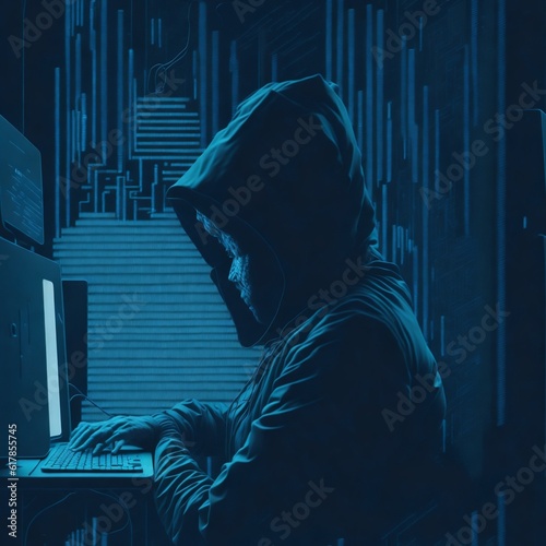 hooded hacker working on a laptop, virtual, code, malware, robbery, security system, laptop, phishing, spam, criminal, spy, protection, stealing, software, programmer, illegal, privacy, online, hack