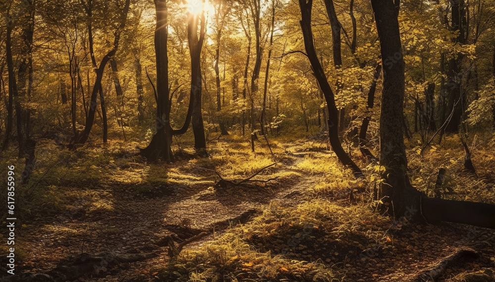 A tranquil autumn forest with vibrant colors and vanishing point generated by AI