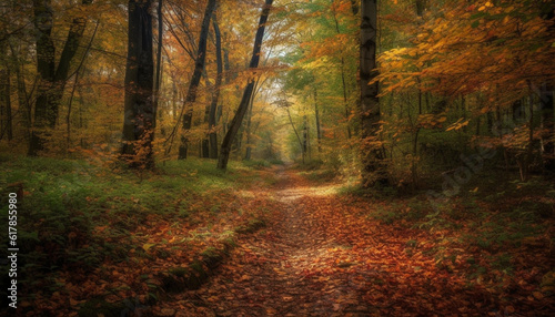 Tranquil autumn forest, vibrant colors, hiking on single lane road generated by AI